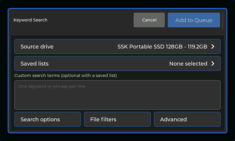 A user interface window for a keyword search tool displays options for source drive selection, saved lists, and custom search terms.