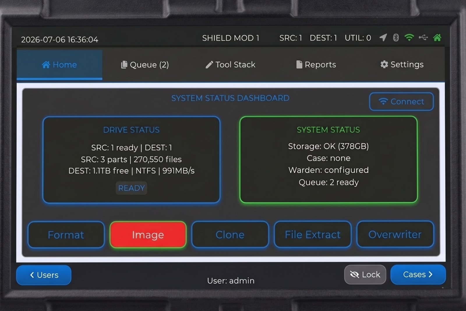 Shield-399 touchscreen Home screen with Drive Status and System Status panels