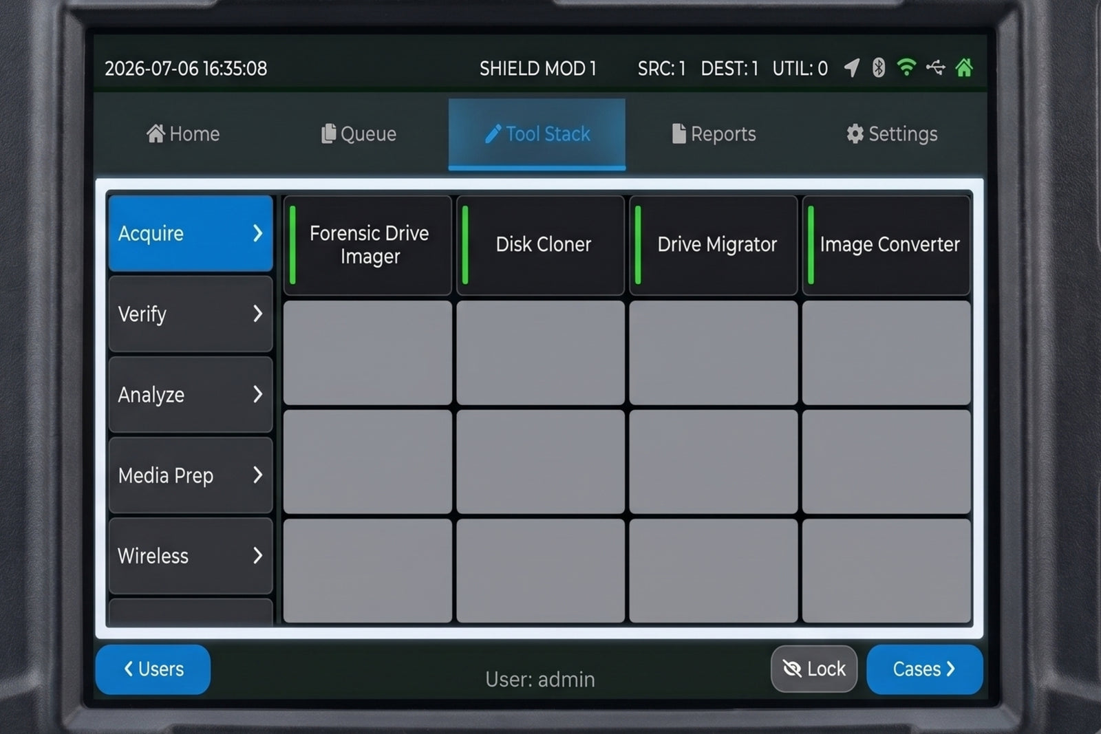 Shield-399 touchscreen showing the Tool Stack interface