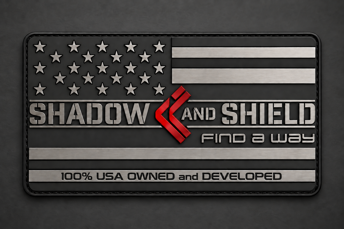 Shadow and Shield plaque with a stylized American flag and the inscription 100% USA OWNED and DEVELOPED.