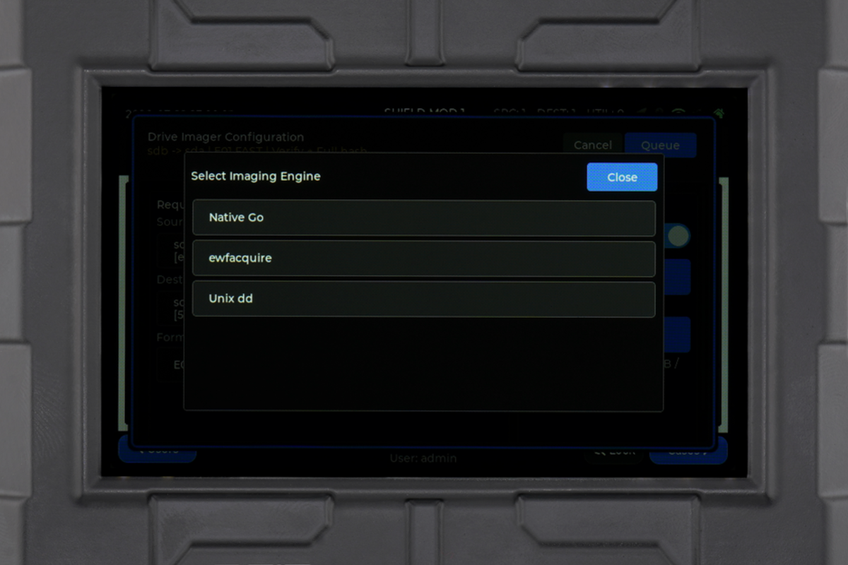 Shield-399 touchscreen showing Native Go, ewfacquire, and Unix dd imaging engine choices