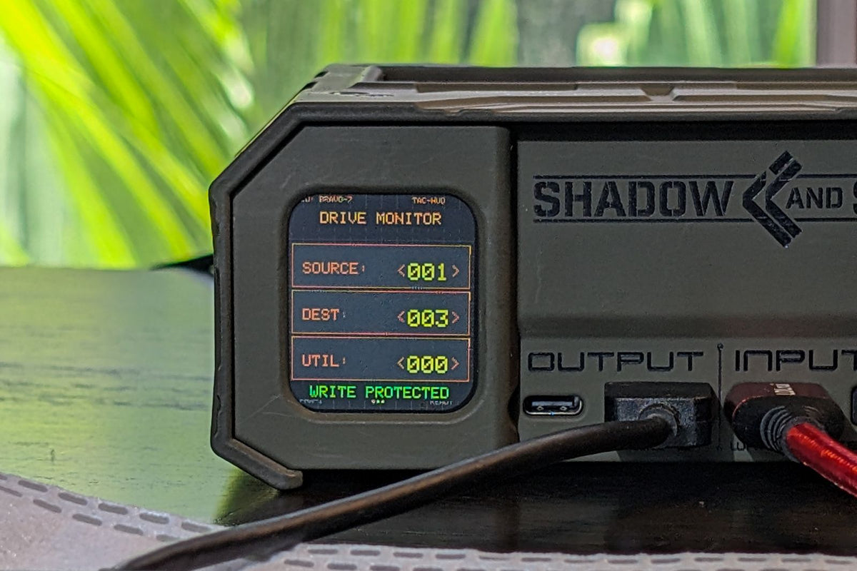 Shield-399 drive monitor showing source and destination counts with write protection verified