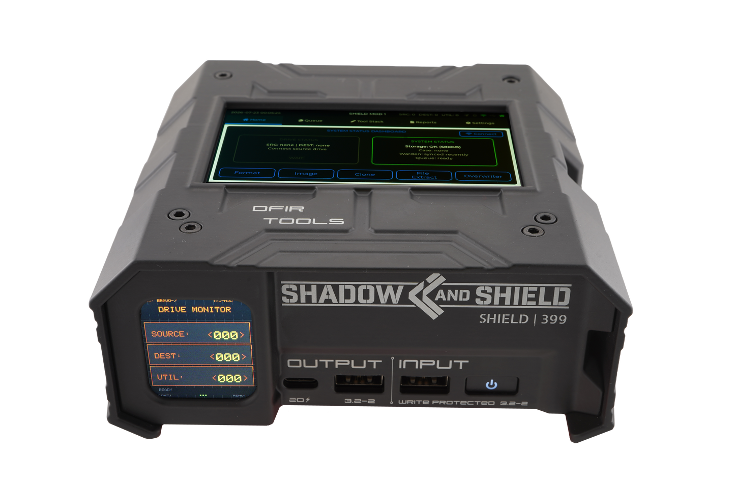 Front view of the black Shield-399 digital-forensics appliance