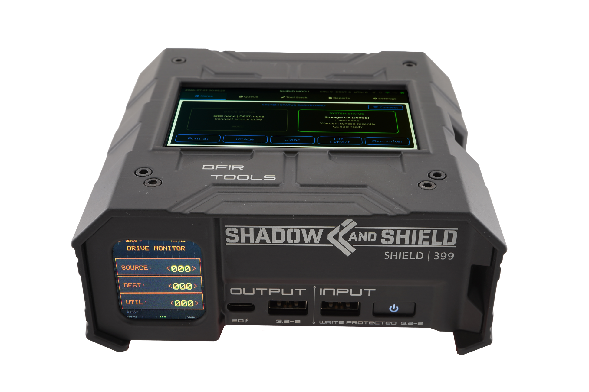 Front view of the black Shield-399 digital-forensics appliance