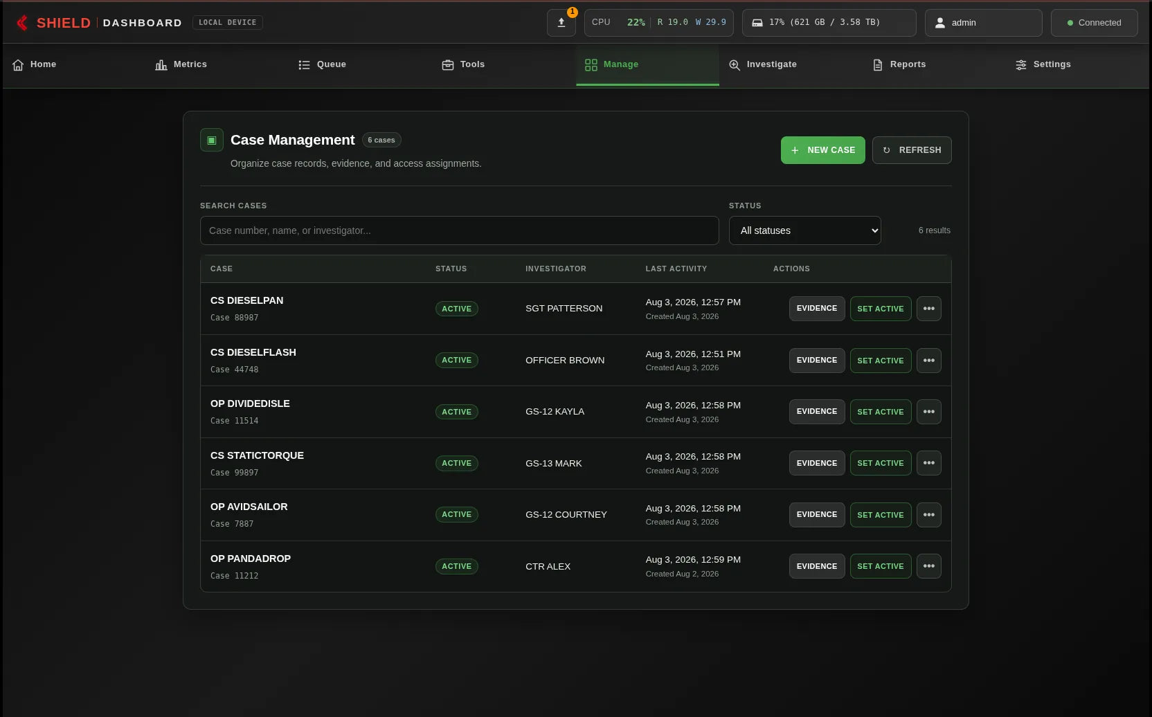 Shield-399 dashboard: Case list