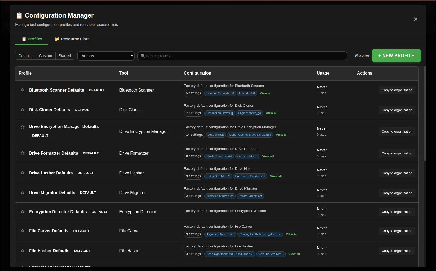 Shield-399 dashboard: Saved tool profiles