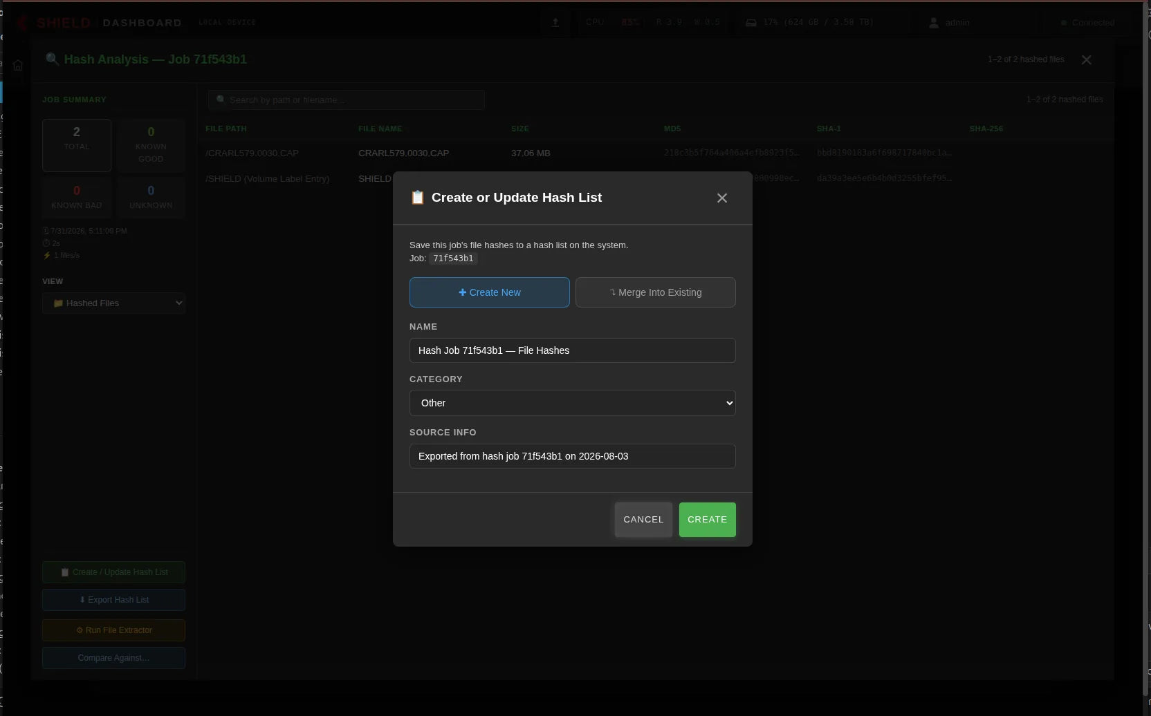 Shield-399 dashboard: Hash-list management