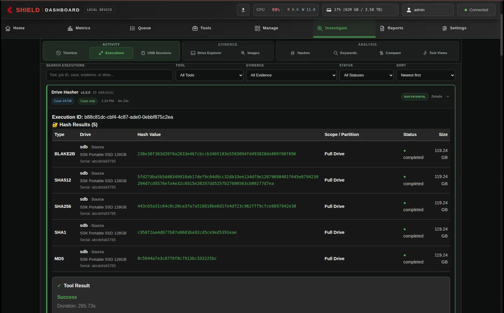 Shield-399 dashboard: Drive-hasher results