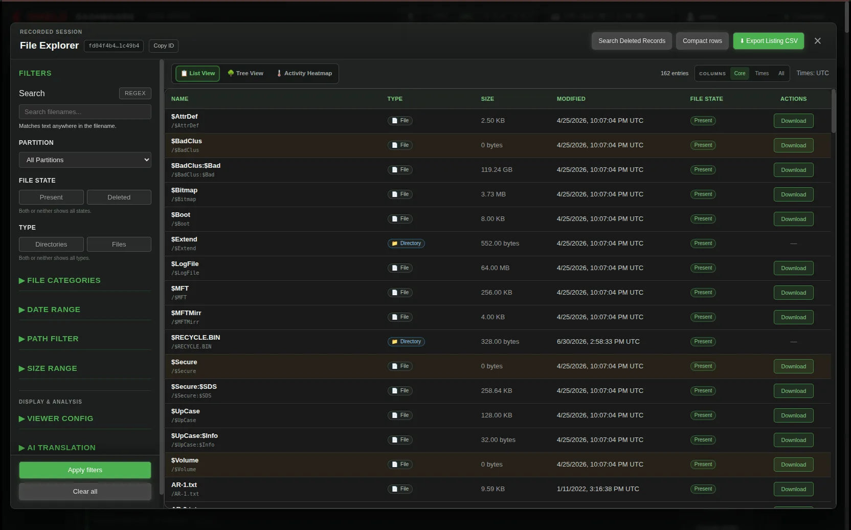 Shield-399 dashboard: NTFS system entries