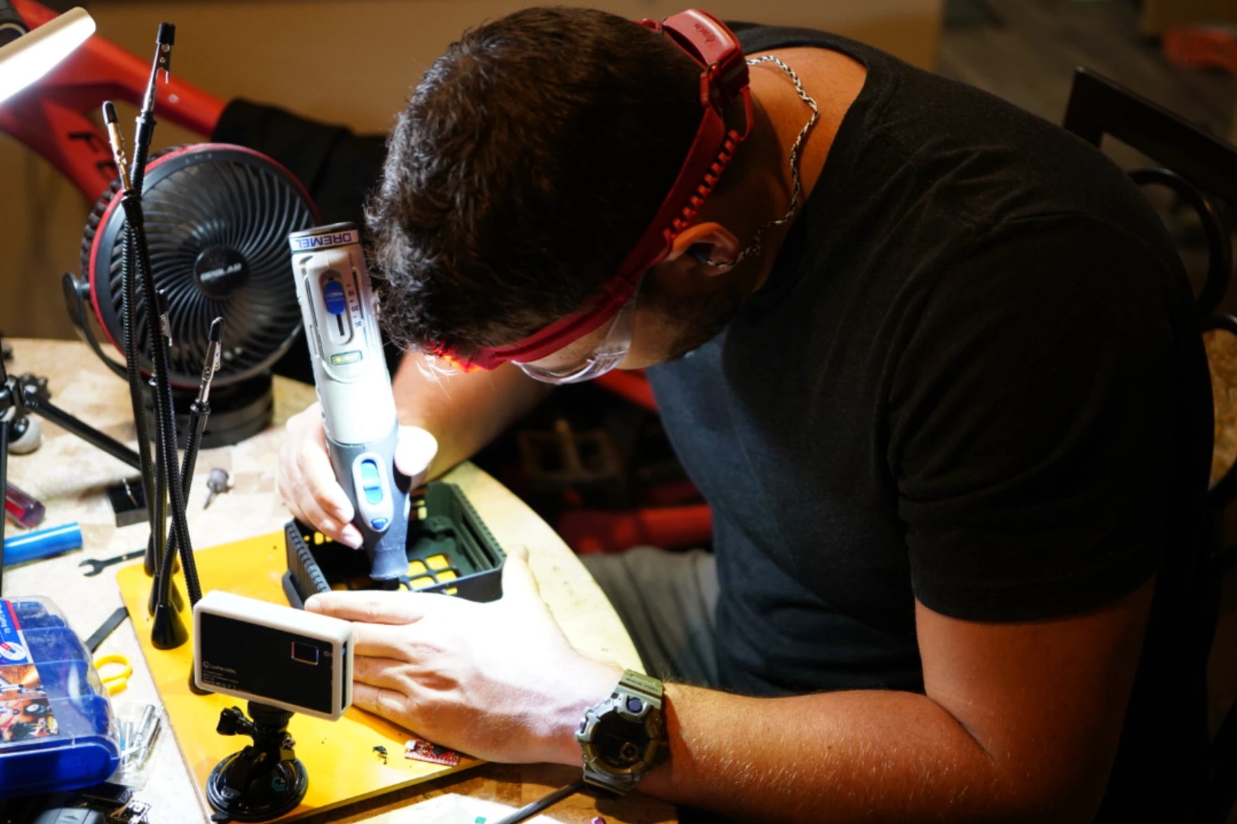 Jared Ringenberg using a rotary tool during hands-on product prototyping