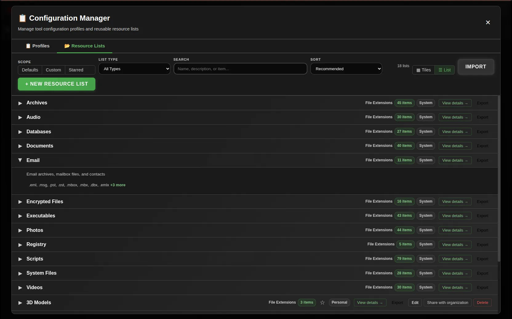 Network Dashboard showing Resource lists in list view