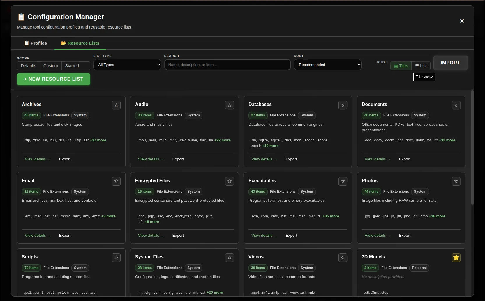 Network Dashboard showing Resource-list tile catalog