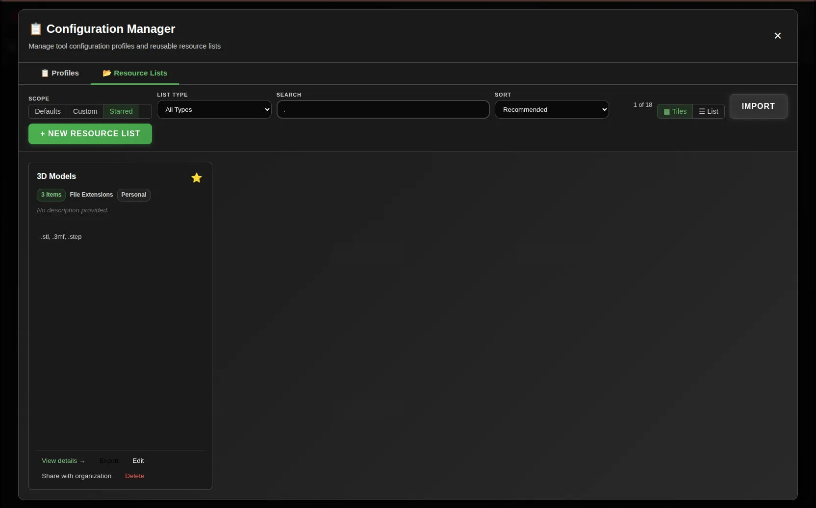 Network Dashboard showing Starred resource list