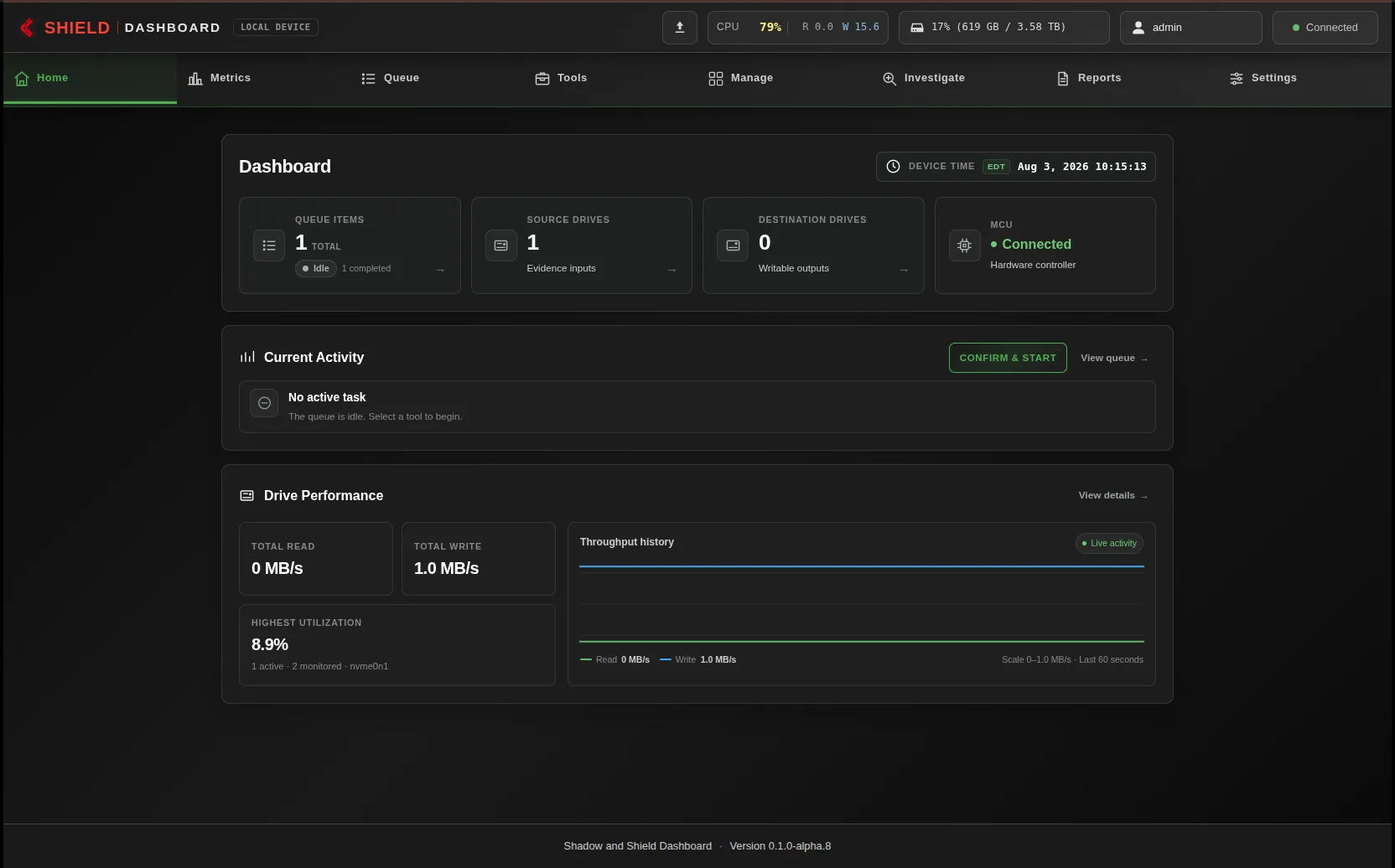 Network Dashboard showing Idle dashboard with one source drive