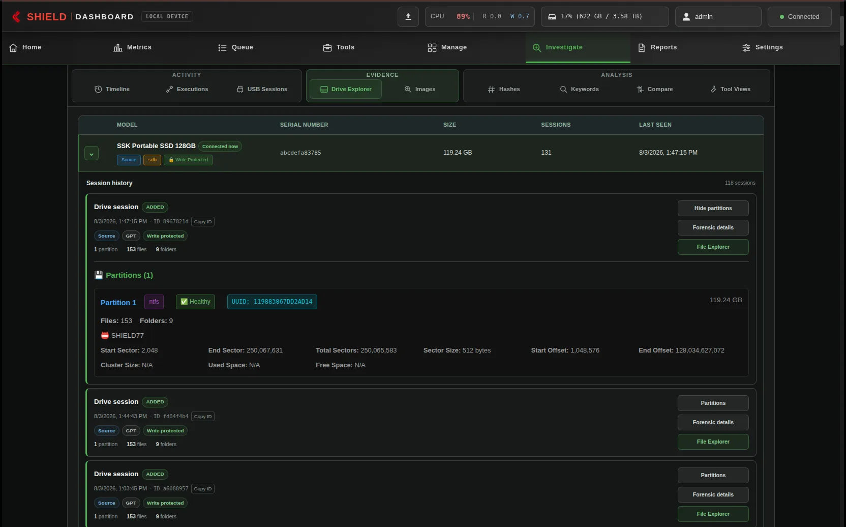 Network Dashboard showing Expanded partition details
