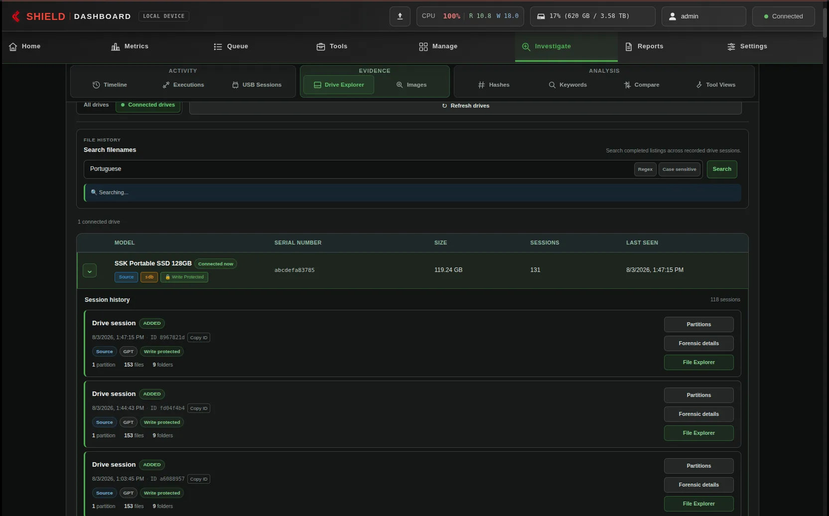 Network Dashboard showing Filename search with translated results