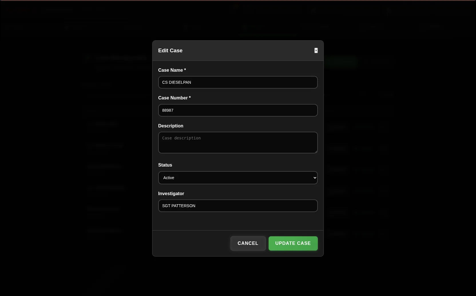 Network Dashboard showing Edit case details