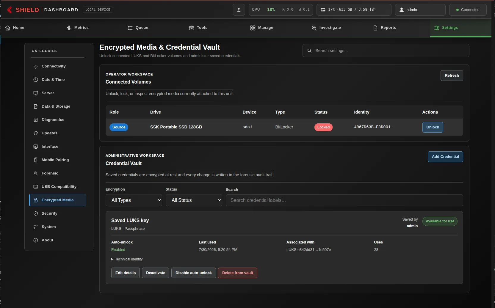 Network Dashboard showing Encrypted-media credential vault