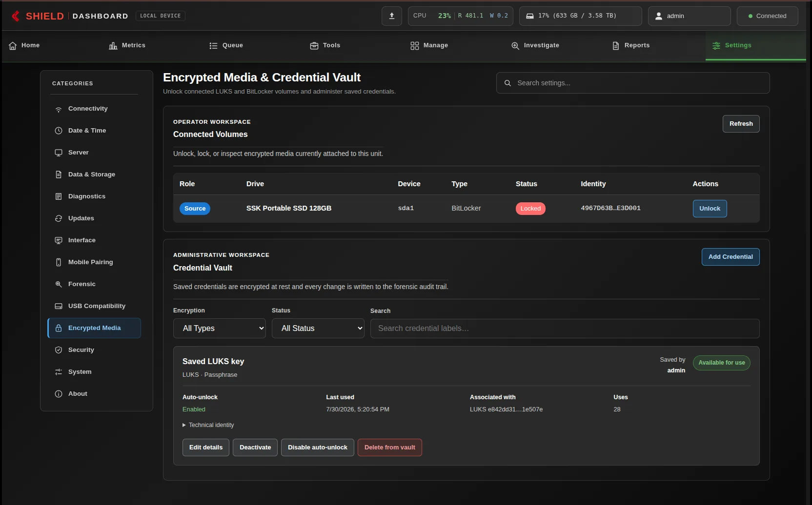 Network Dashboard showing Credential-vault details