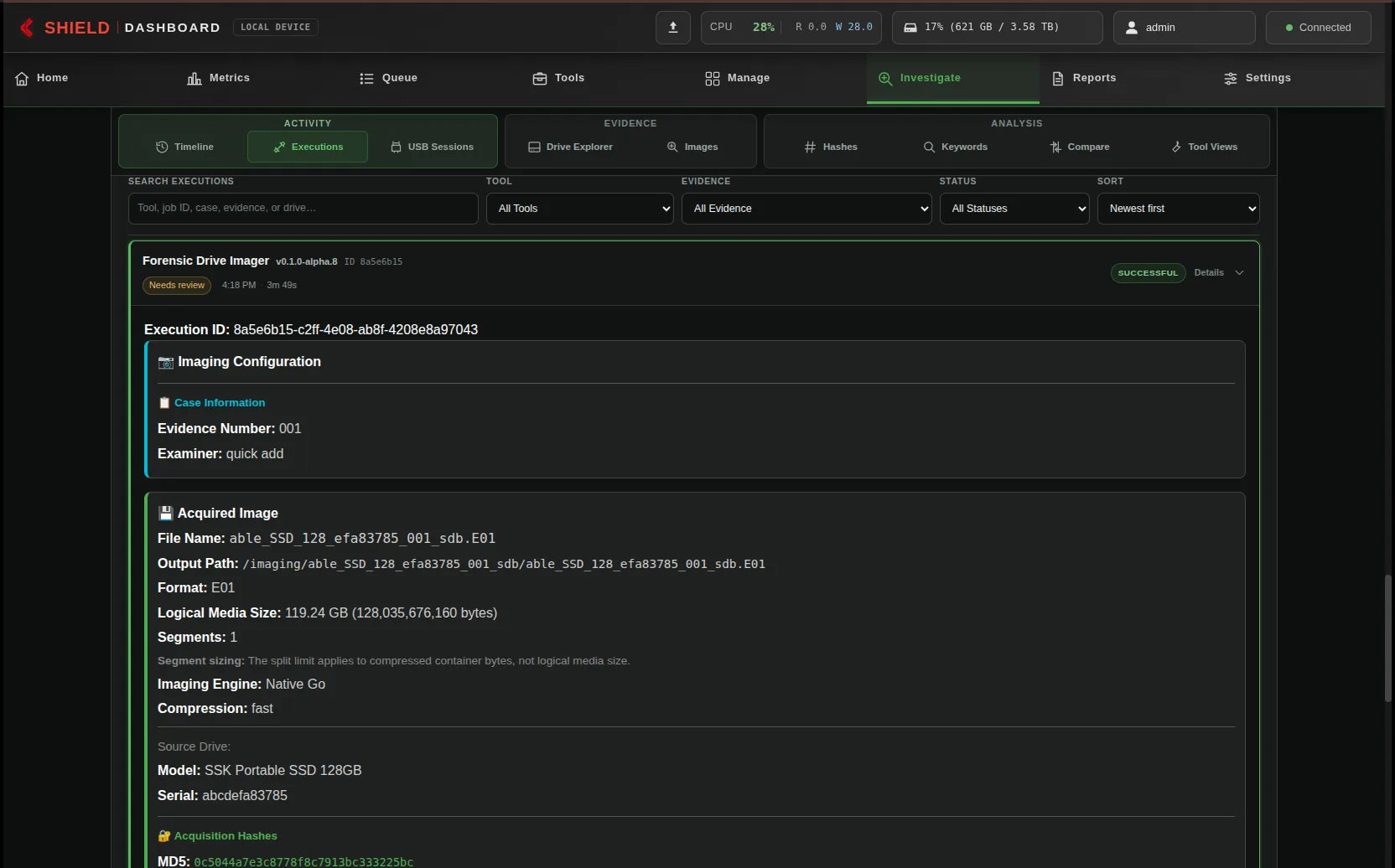 Network Dashboard showing Forensic Imager execution details