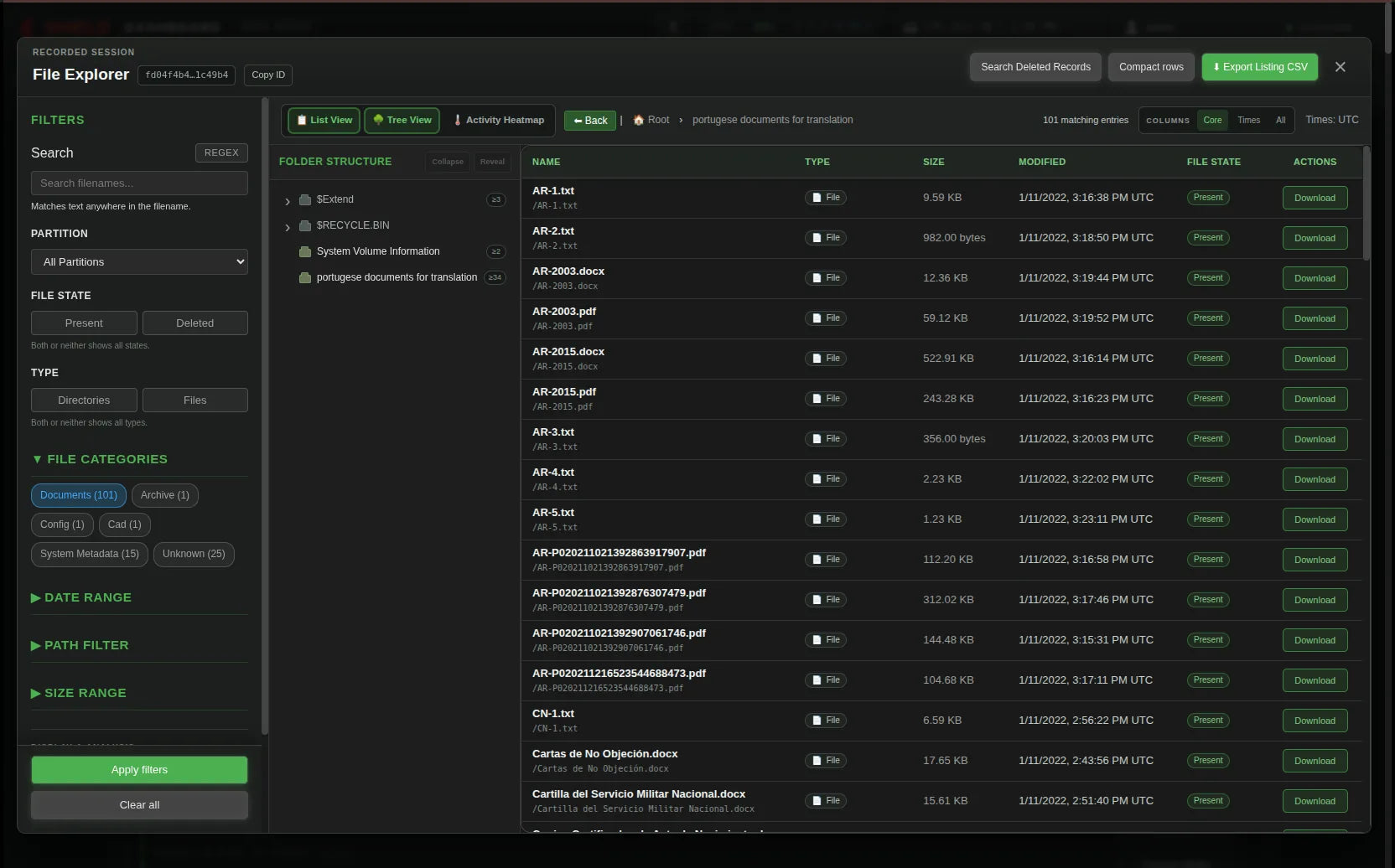 Network Dashboard showing Document filter results