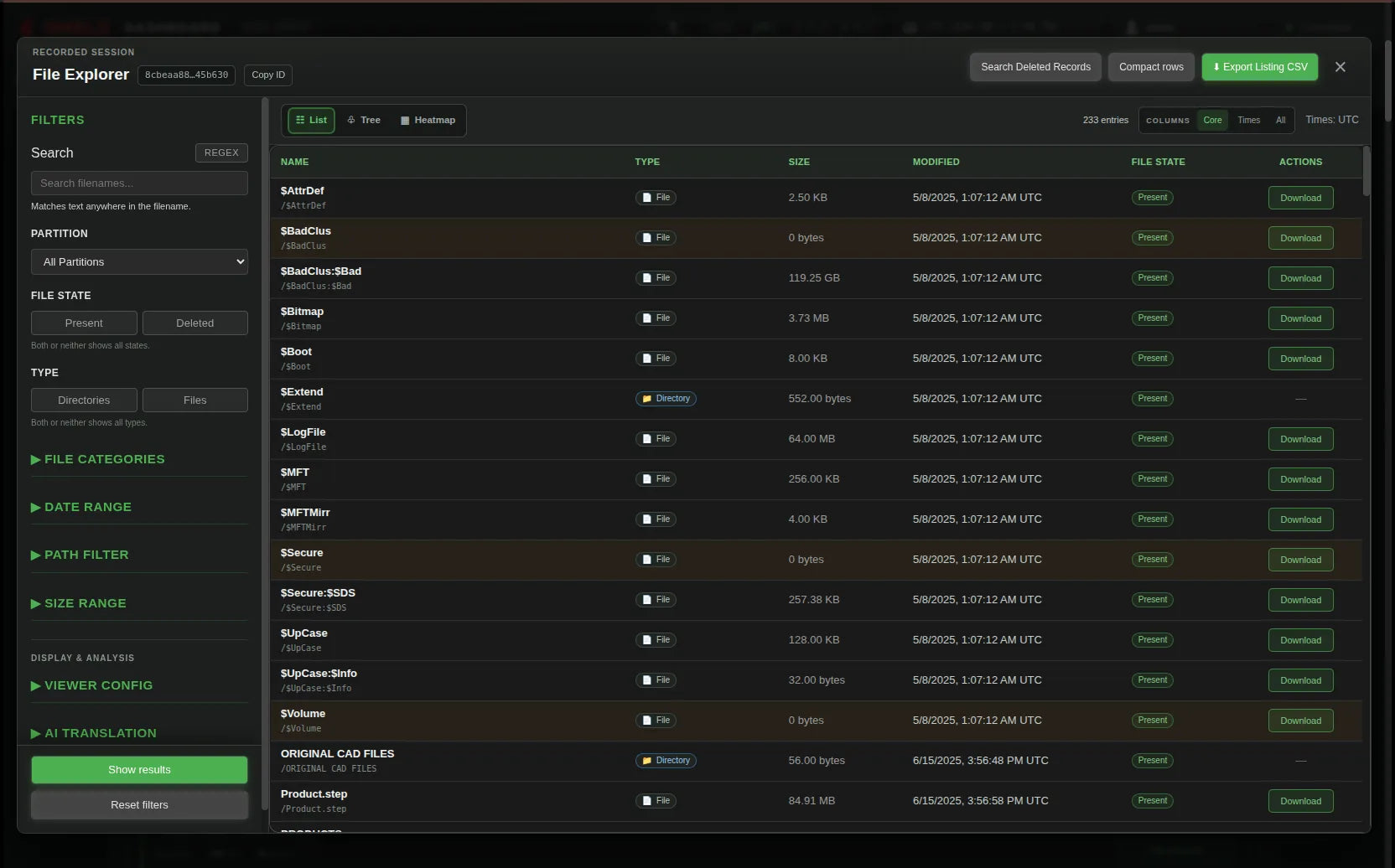 Network Dashboard showing NTFS metadata records