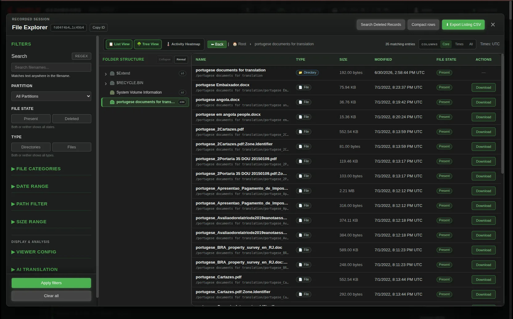 Network Dashboard showing File tree with translated filenames
