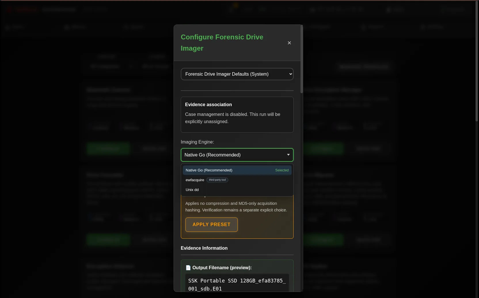 Network Dashboard showing Imaging-engine selection