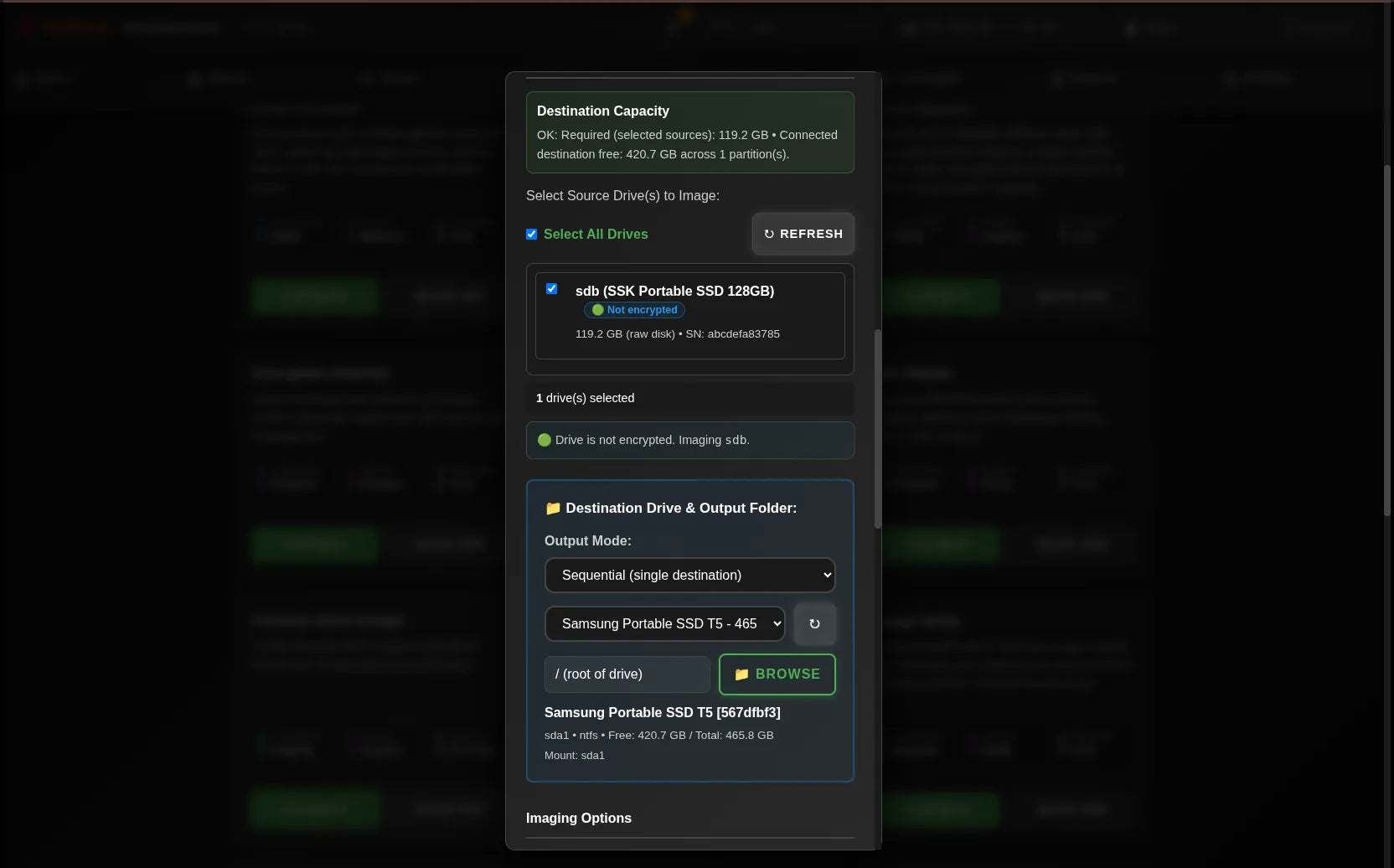 Network Dashboard showing Imaging destination and output folder