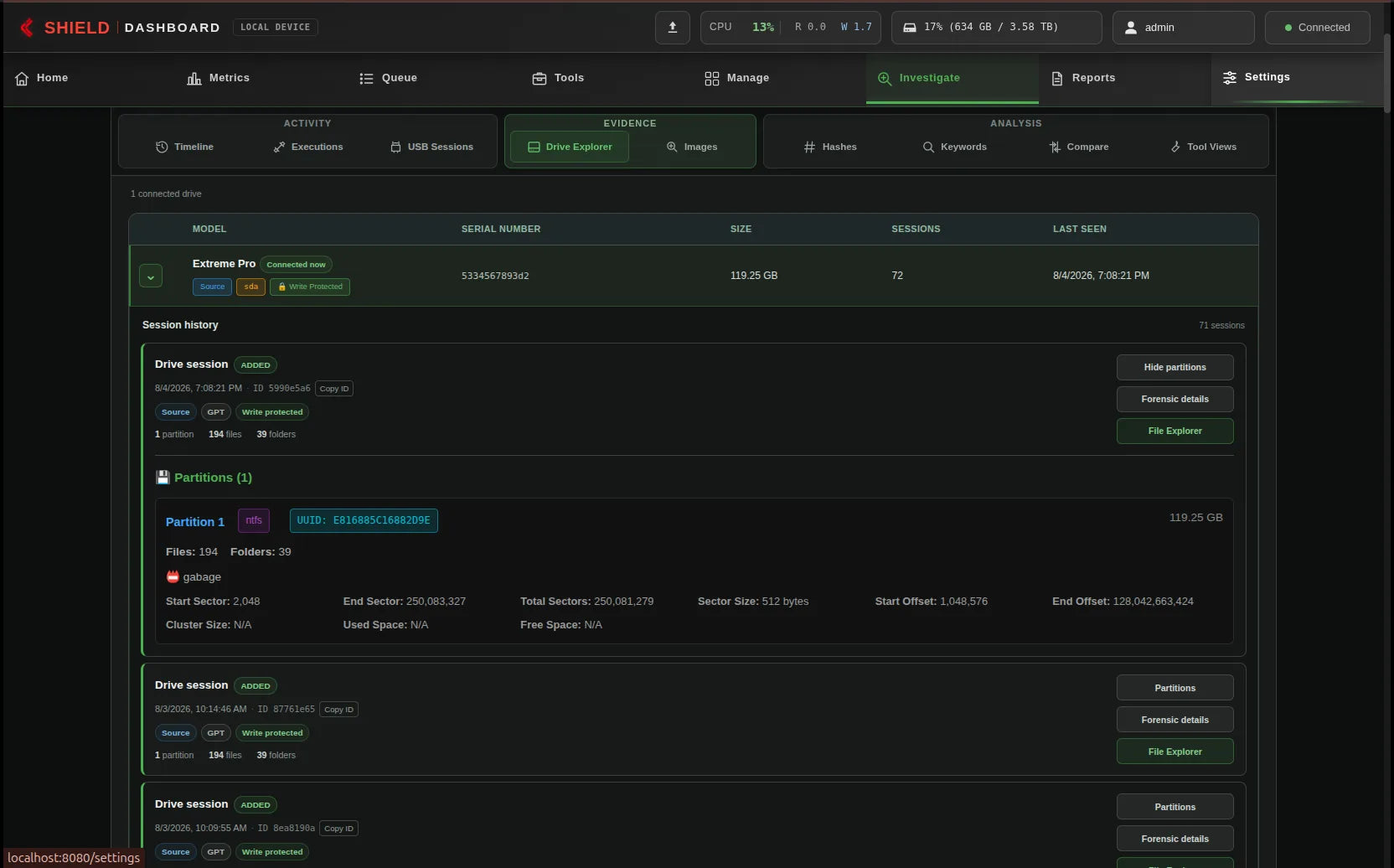 Network Dashboard showing Partition and session history