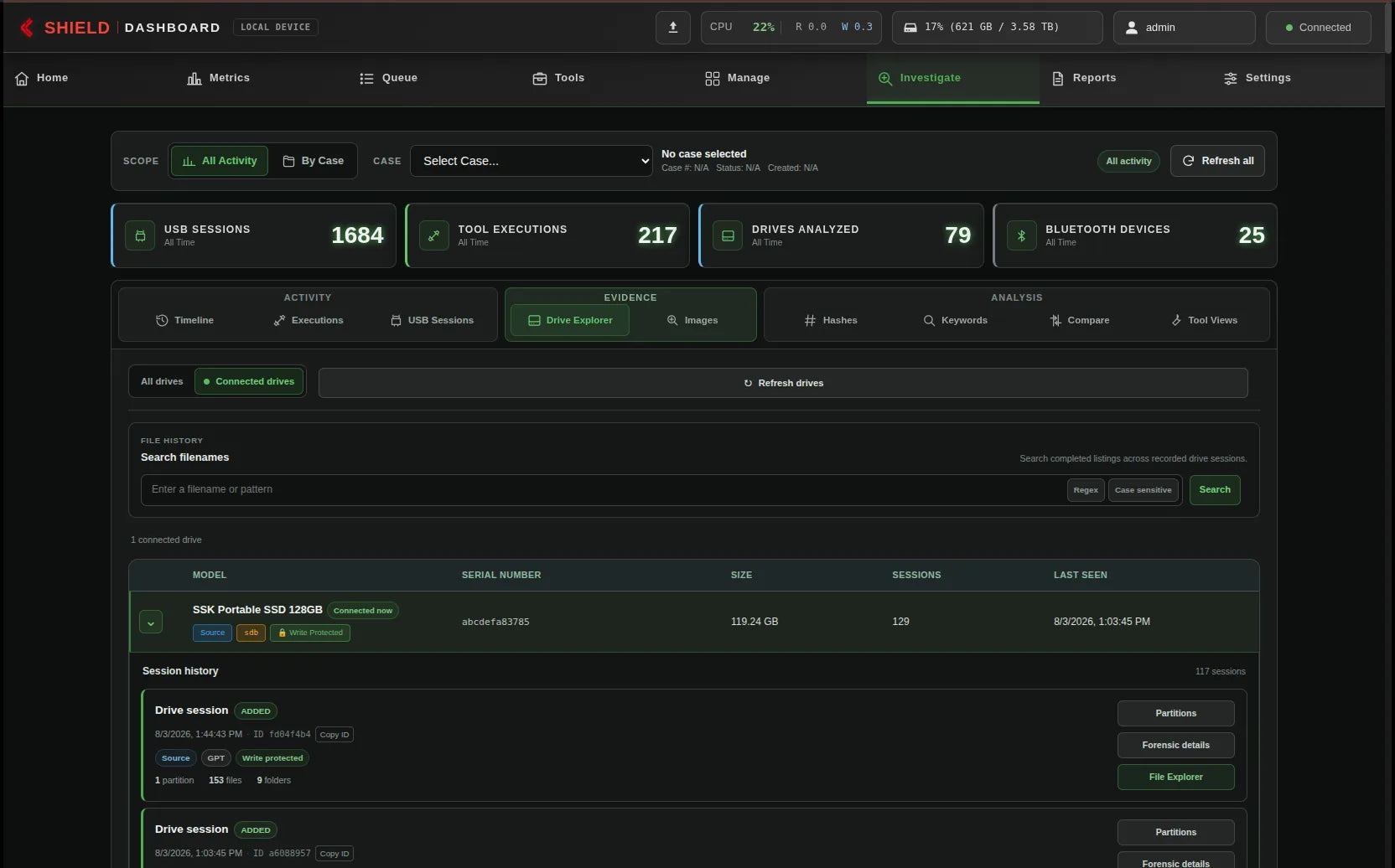 Network Dashboard showing Expanded session history