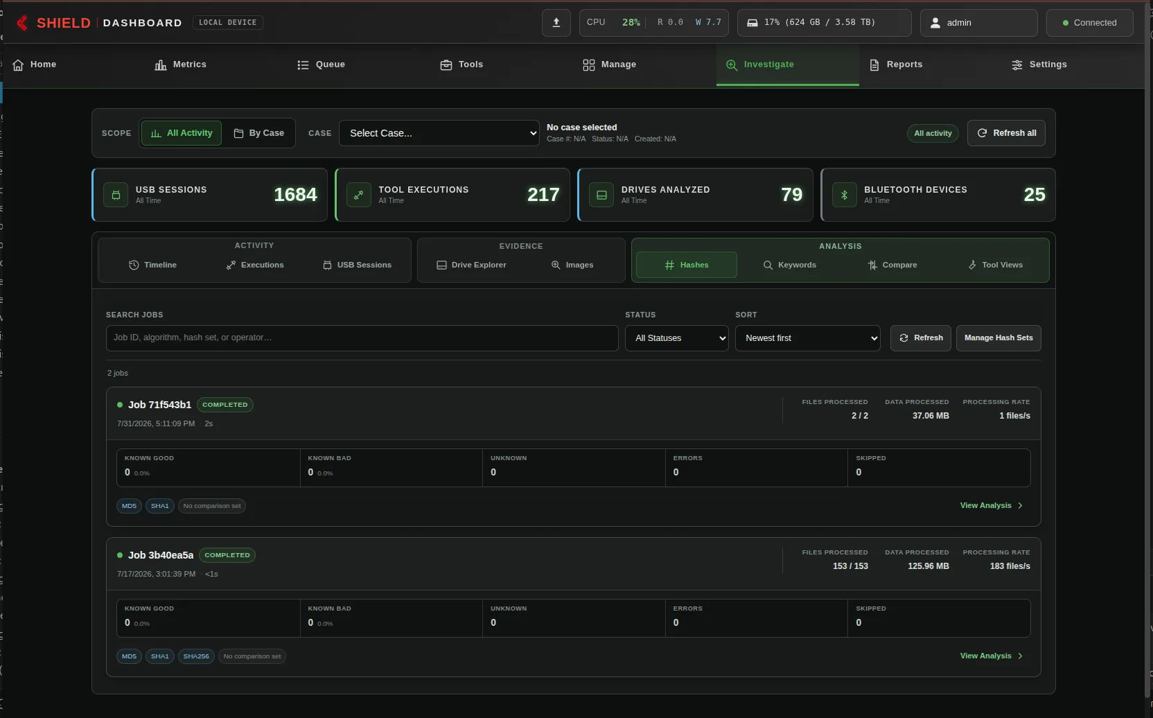 Network Dashboard showing Hash-analysis job list