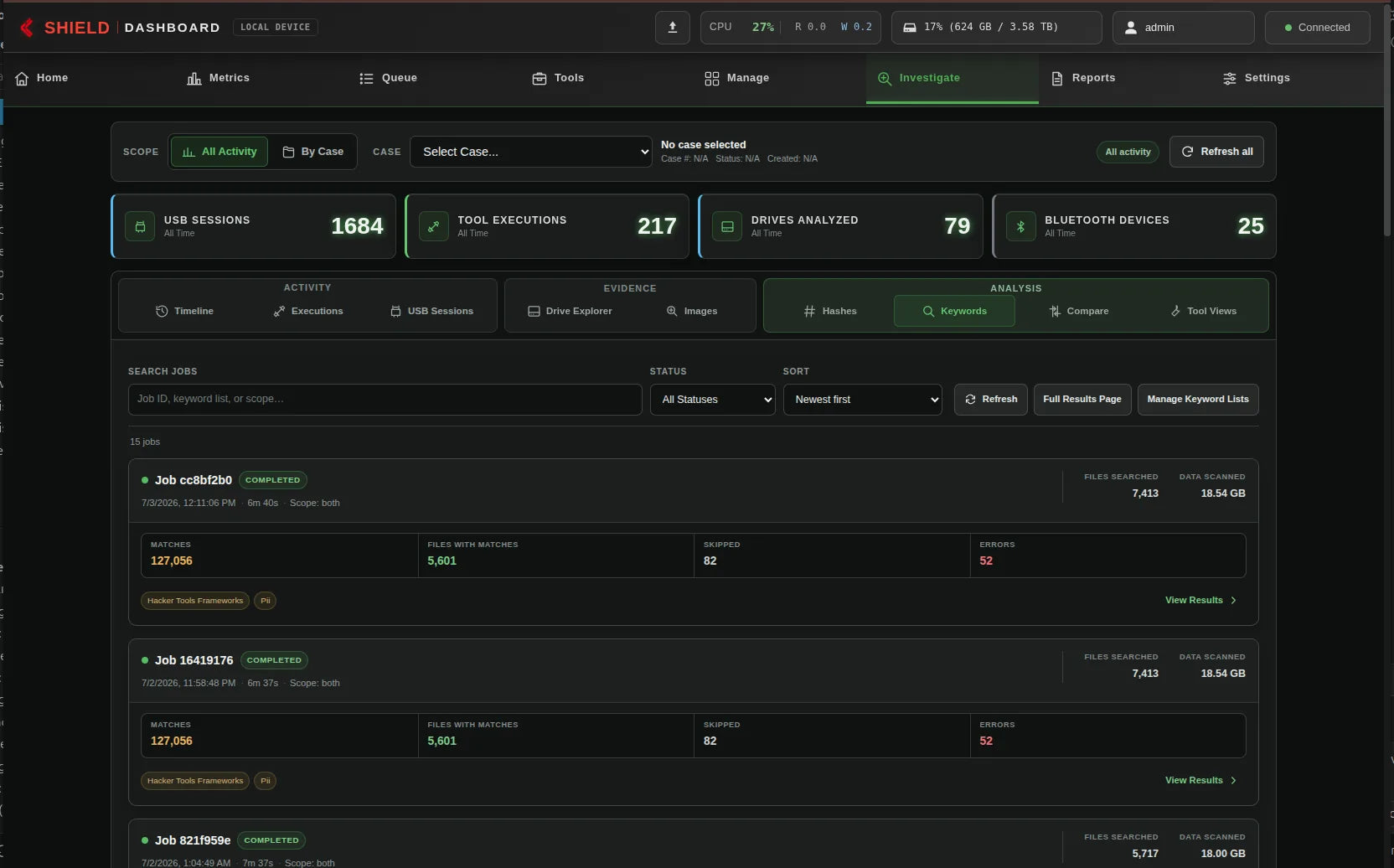Network Dashboard showing Keyword-search job list
