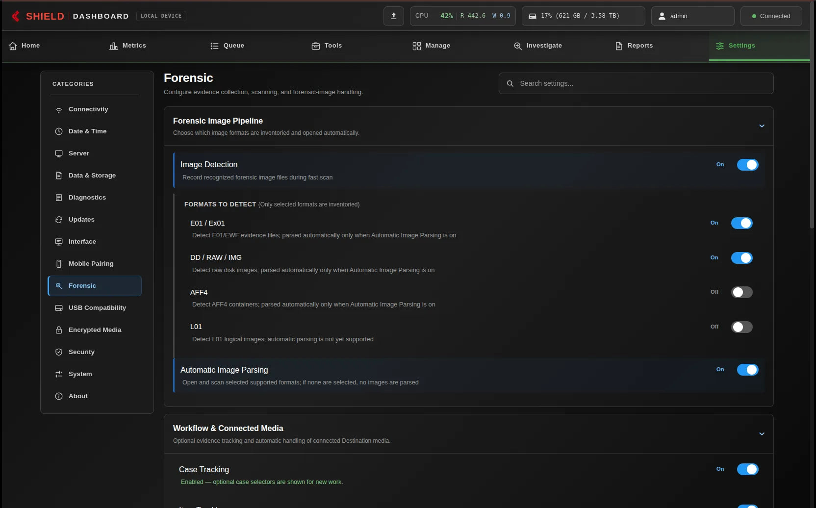 Network Dashboard showing Forensic-image pipeline settings