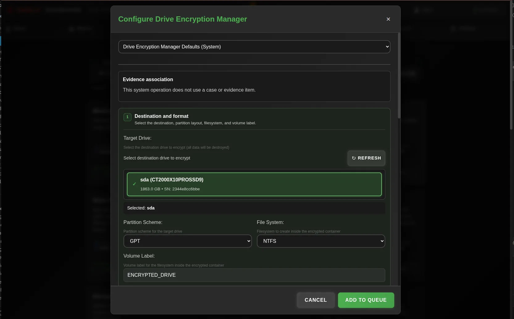 Network Dashboard showing Drive Encryption Manager destination setup