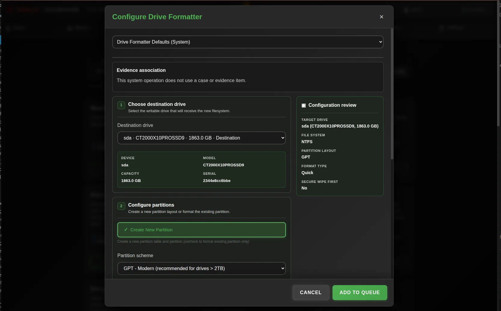 Network Dashboard showing Drive Formatter partition setup