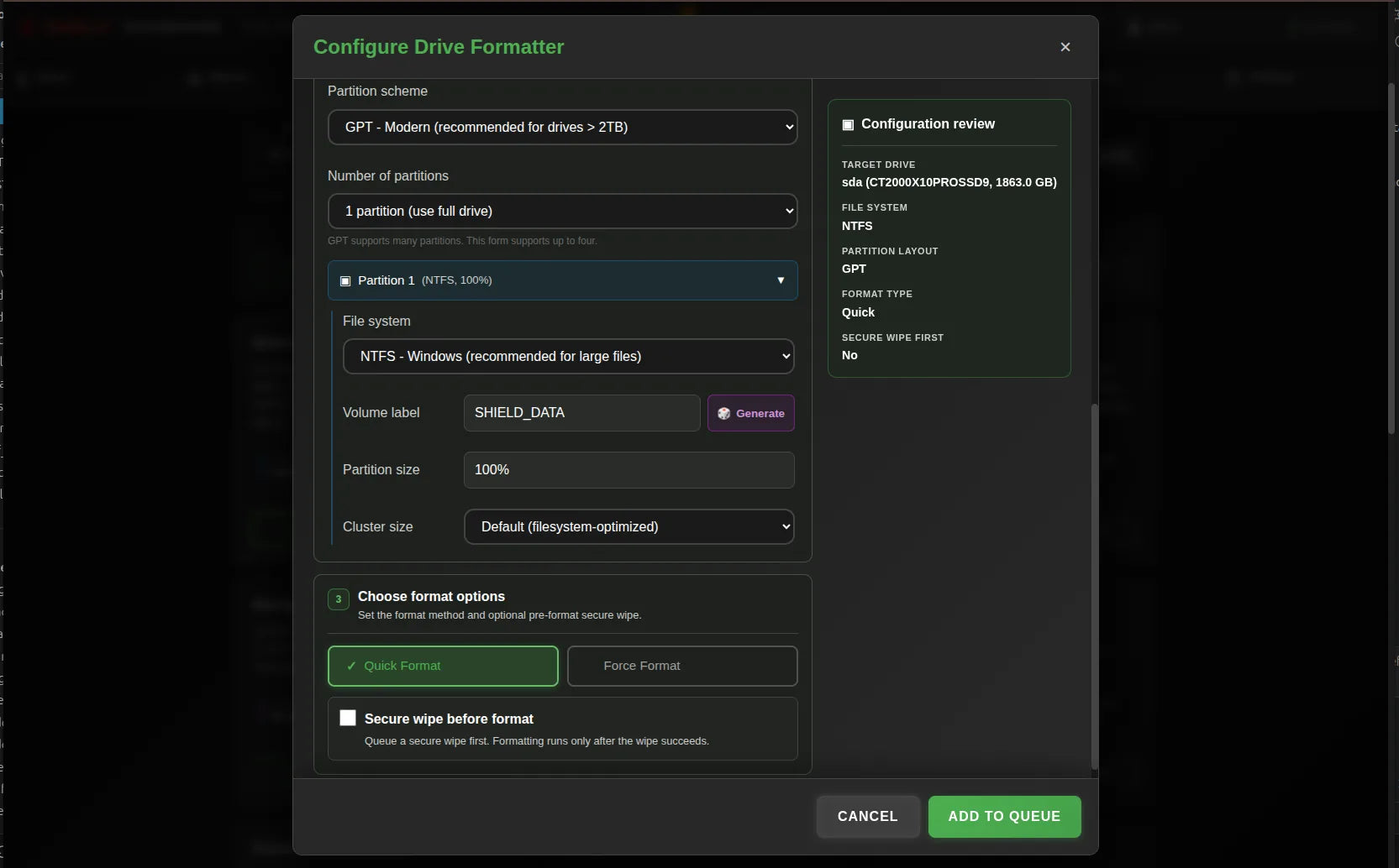 Network Dashboard showing Drive Formatter filesystem options