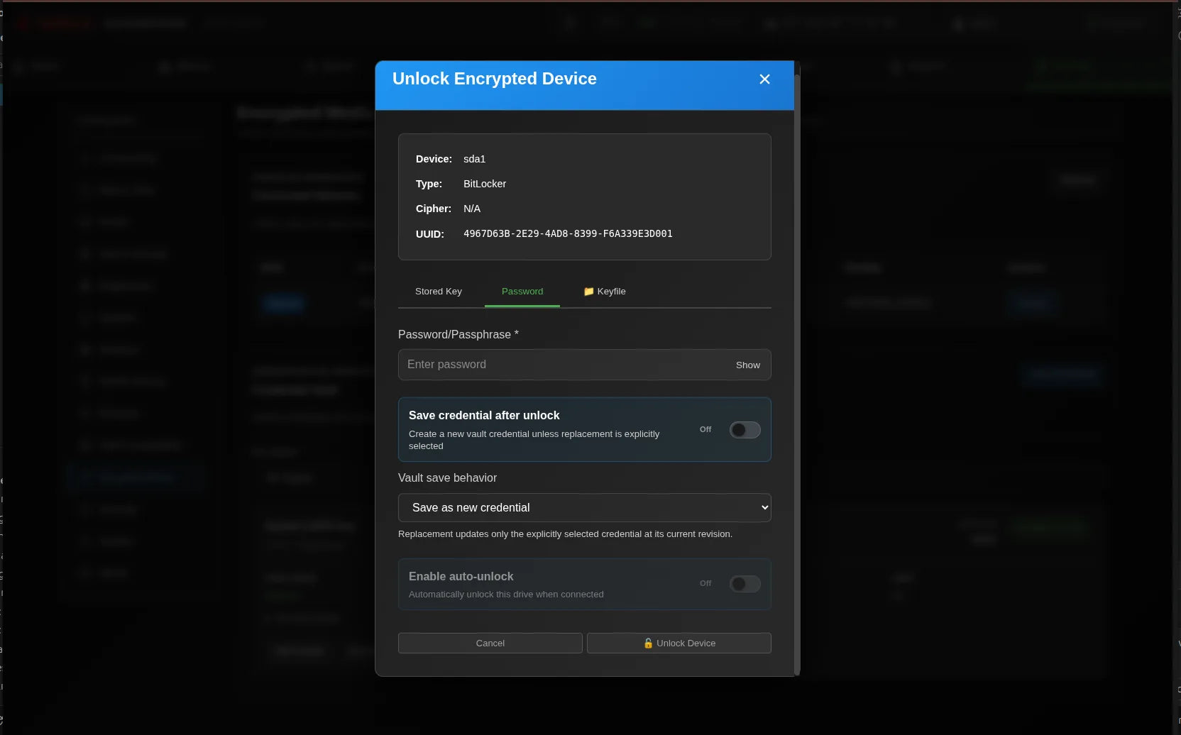 Network Dashboard showing Encrypted-device unlock prompt