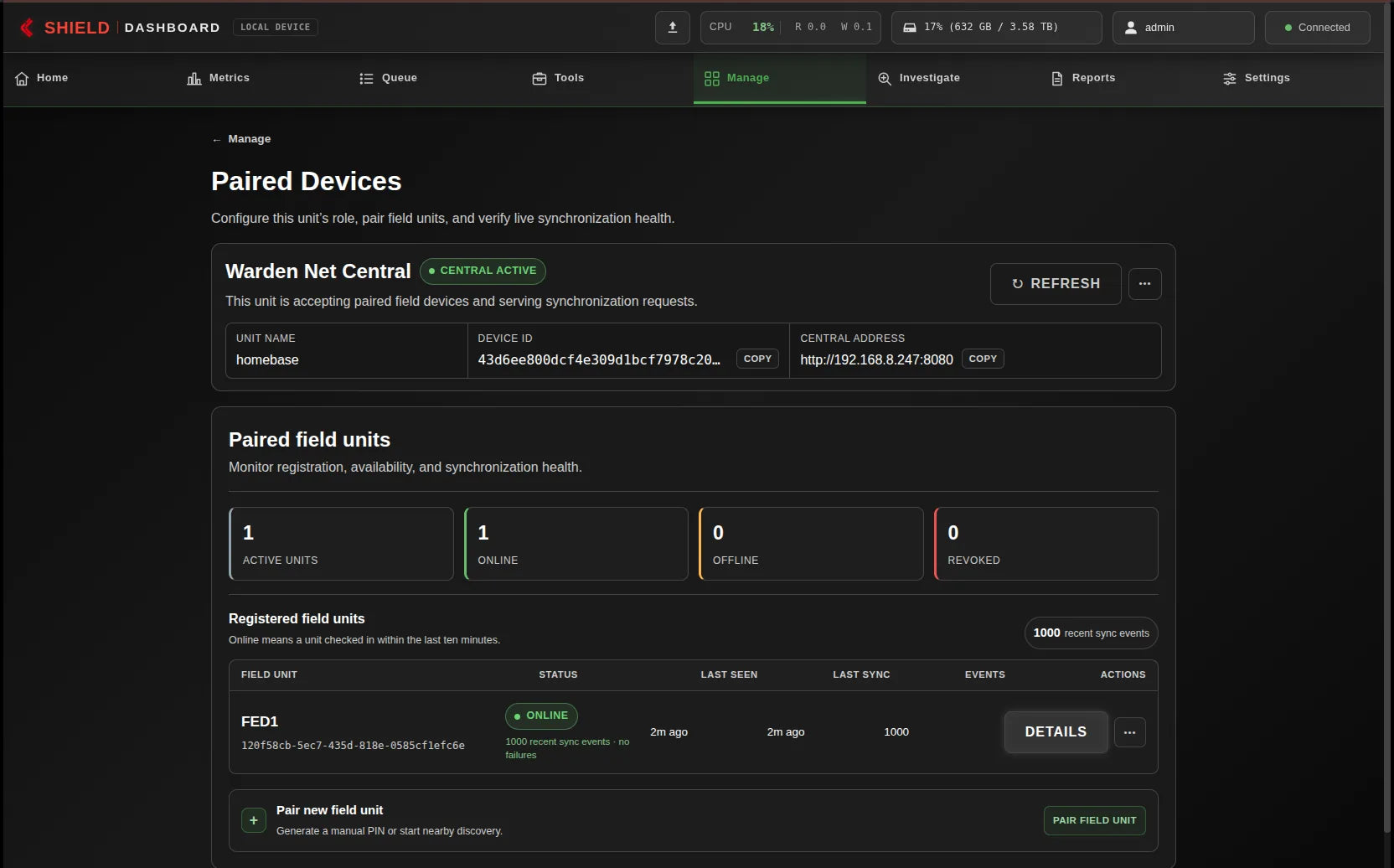 Network Dashboard showing Warden Central