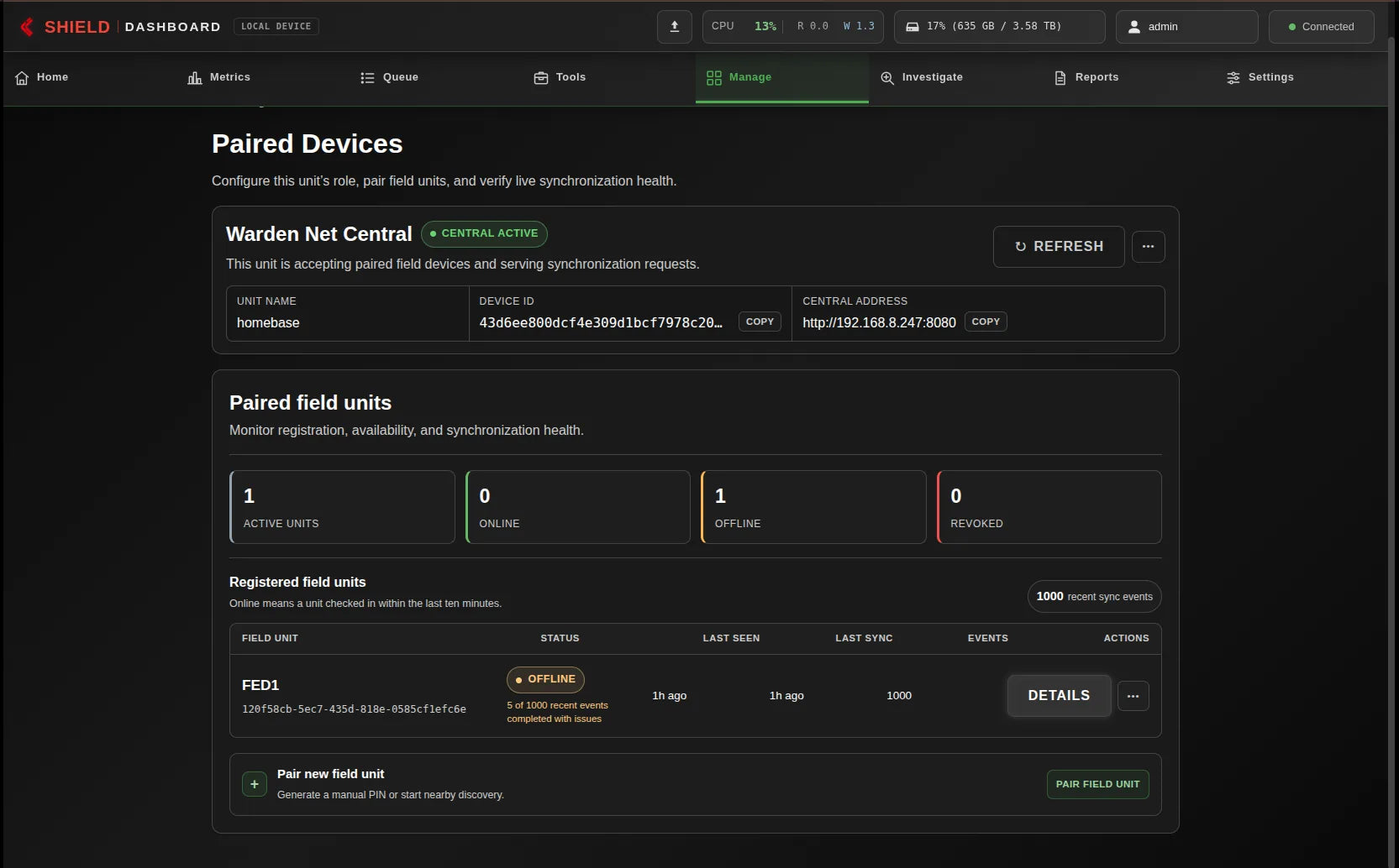 Network Dashboard showing Warden Central with an offline field unit
