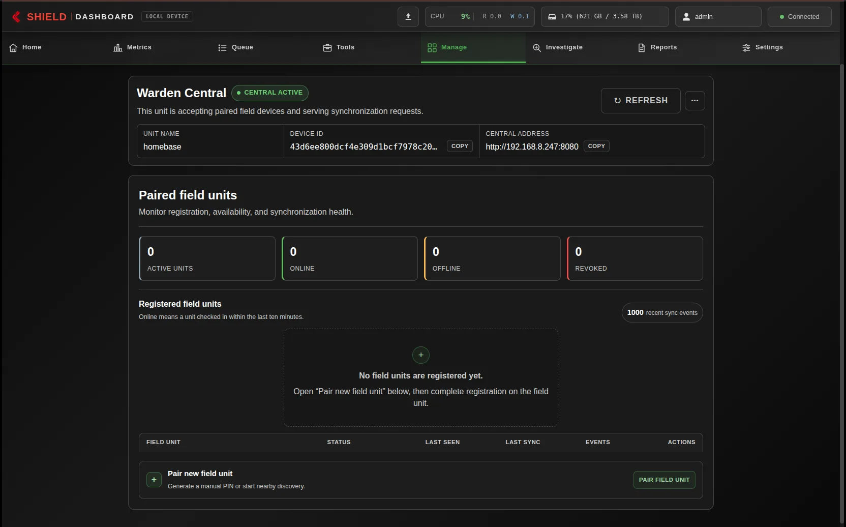 Network Dashboard showing Fleet view with no paired units