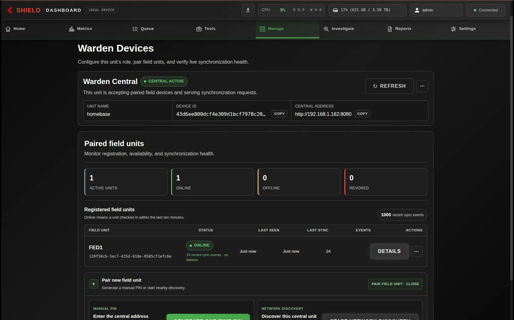 Network Dashboard showing One online paired unit