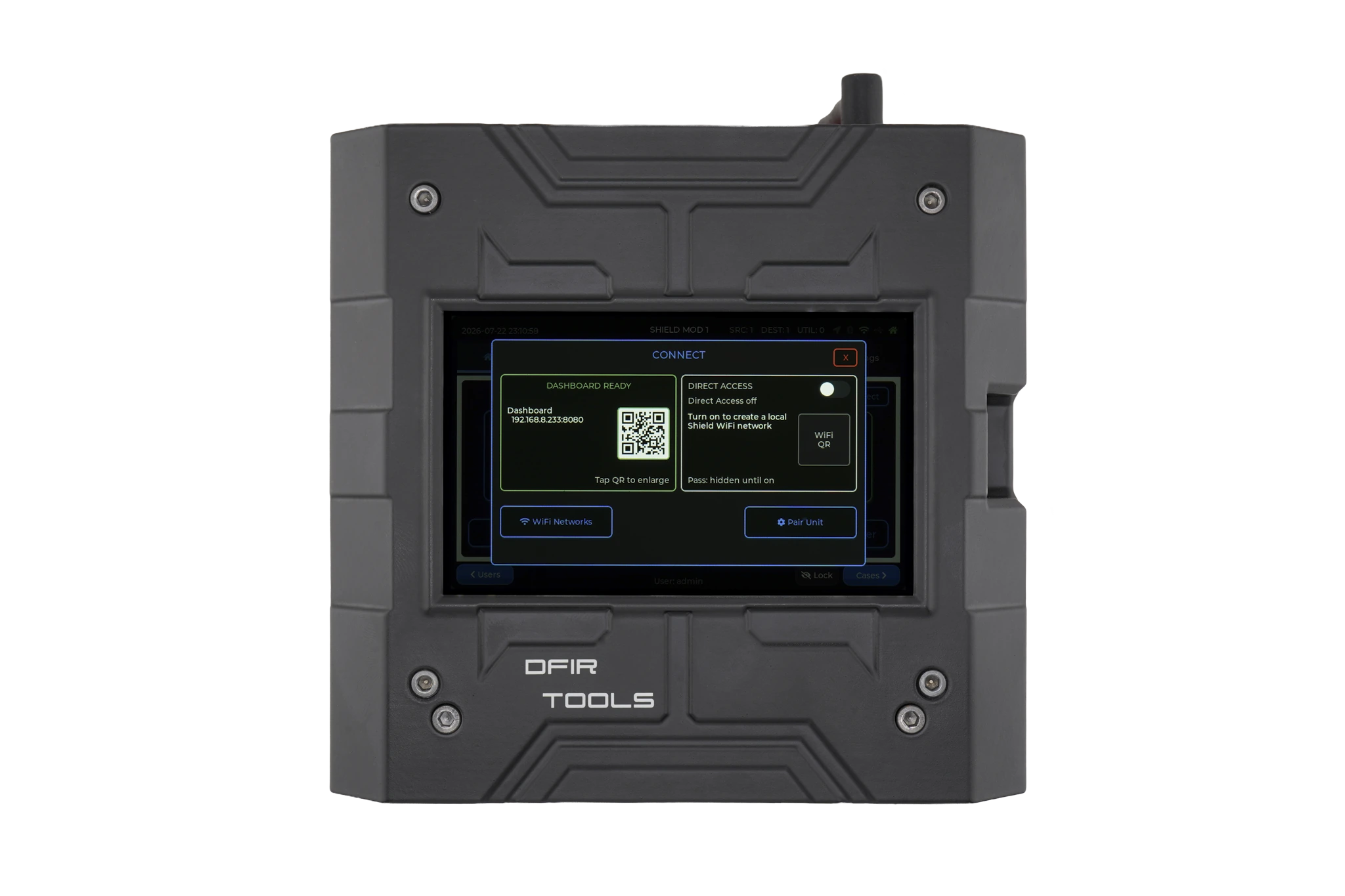 QR-code dashboard connection menu shown on the Shield-399 unit