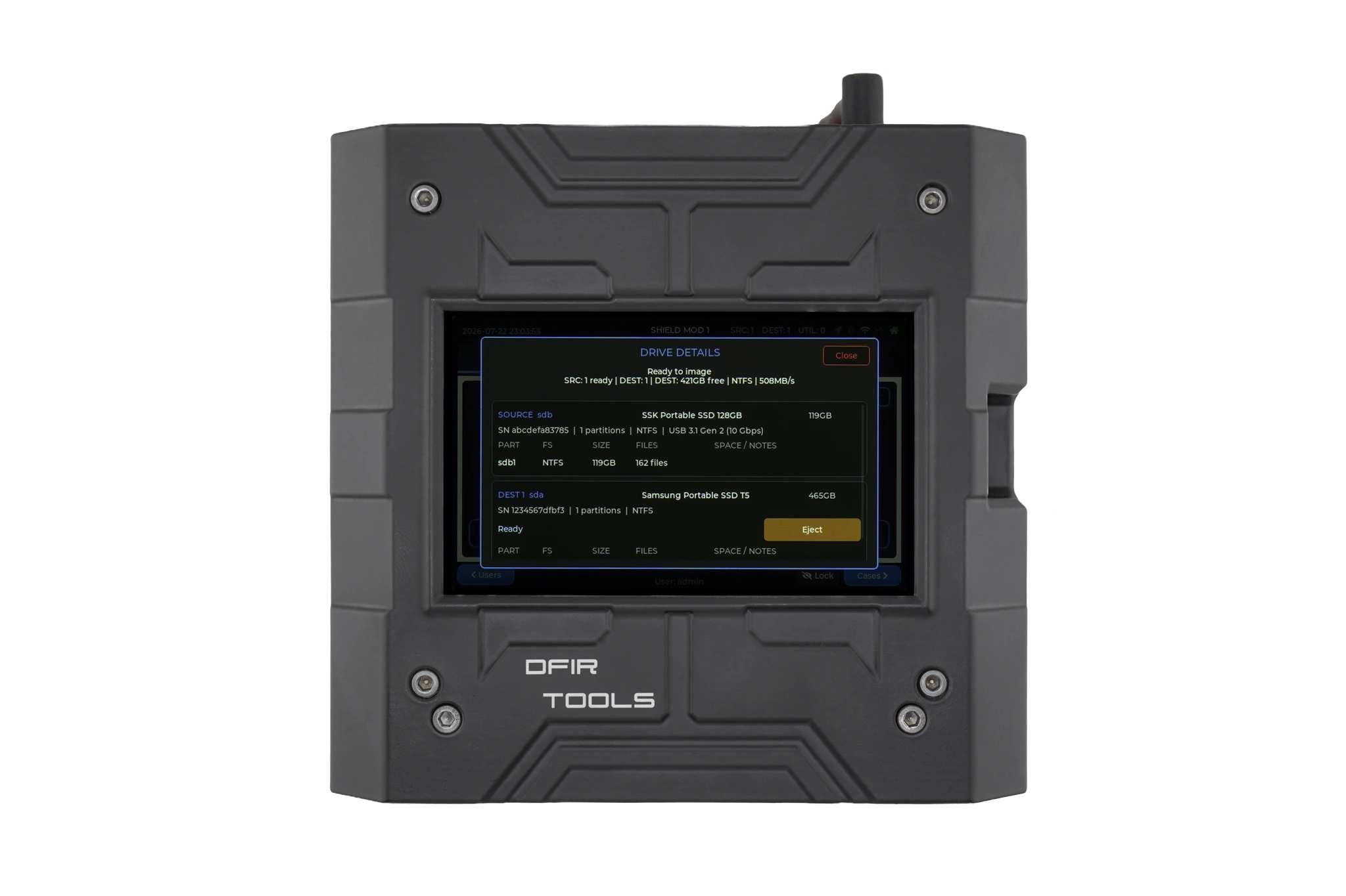 Connected-drive details shown on the Shield-399 unit