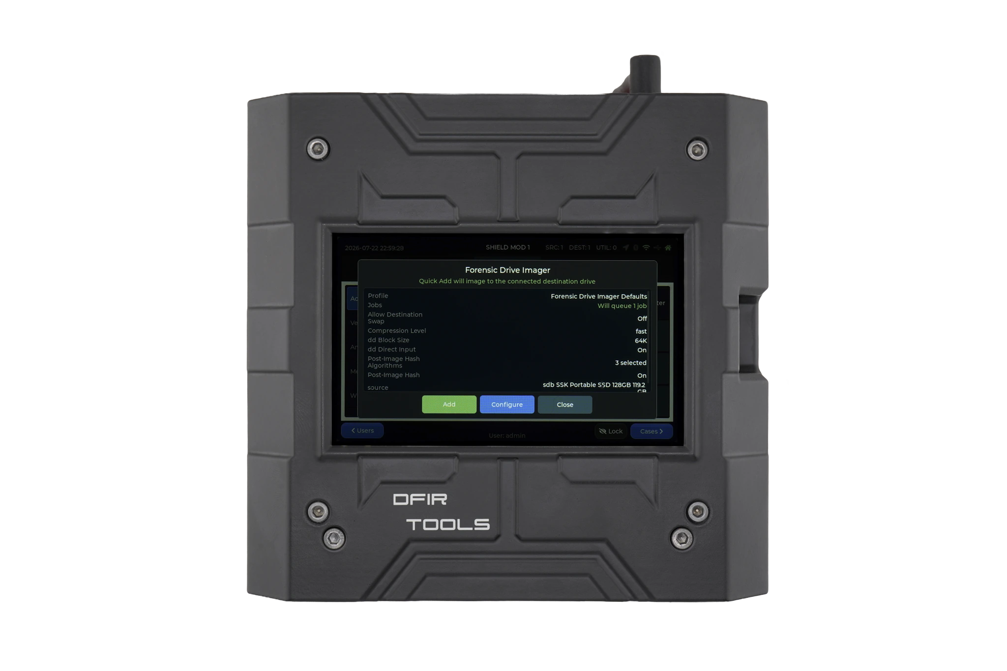 Drive Imager Quick Add shown on the Shield-399 unit