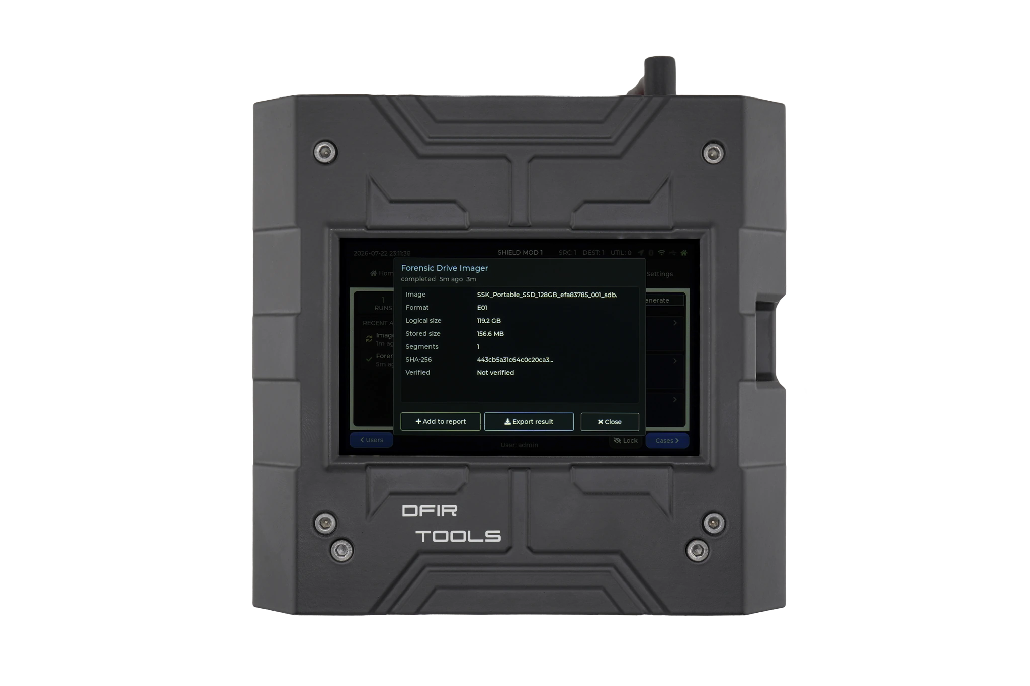 Add a Drive Imager report shown on the Shield-399 unit