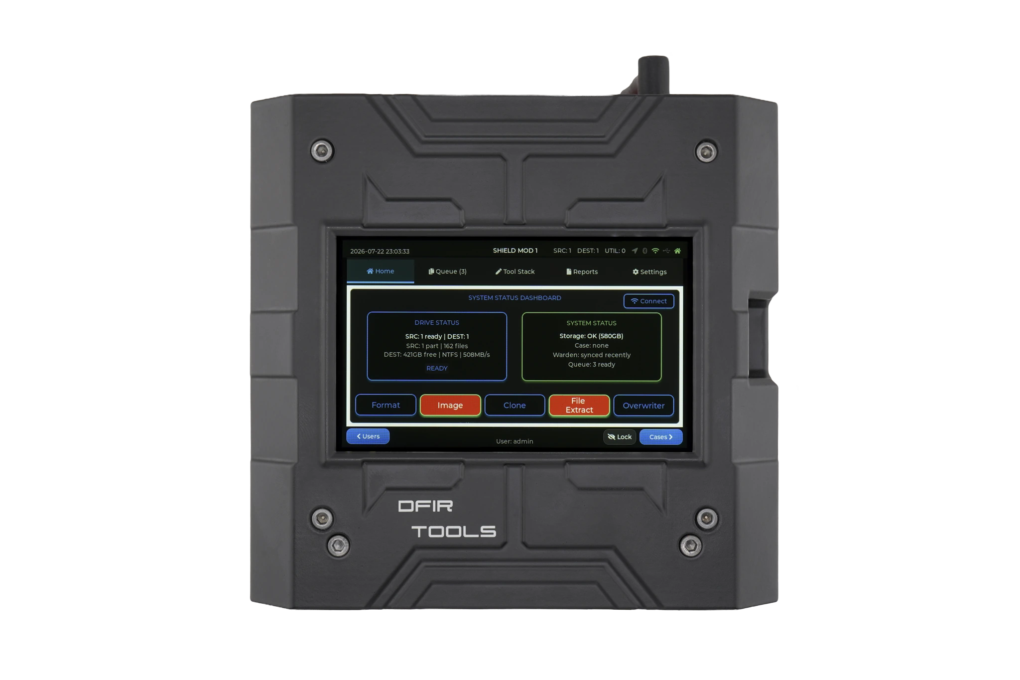 Home screen with Quick Select shown on the Shield-399 unit