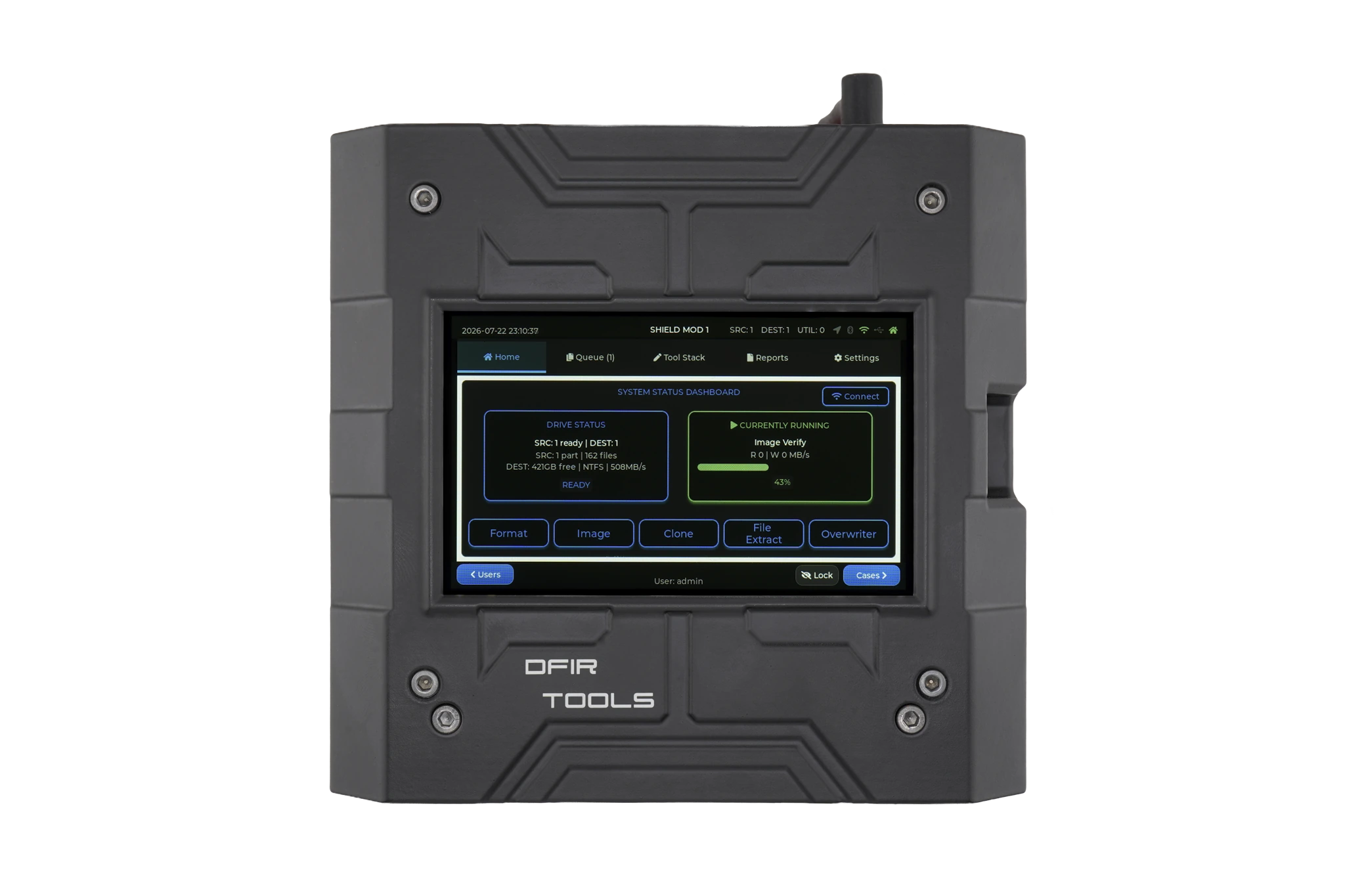Running operation on the home screen shown on the Shield-399 unit