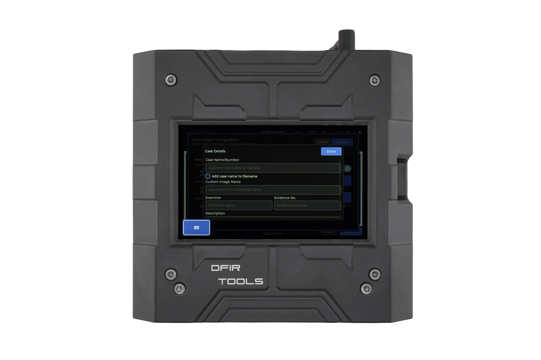 Case details with minimized keyboard shown on the Shield-399 unit