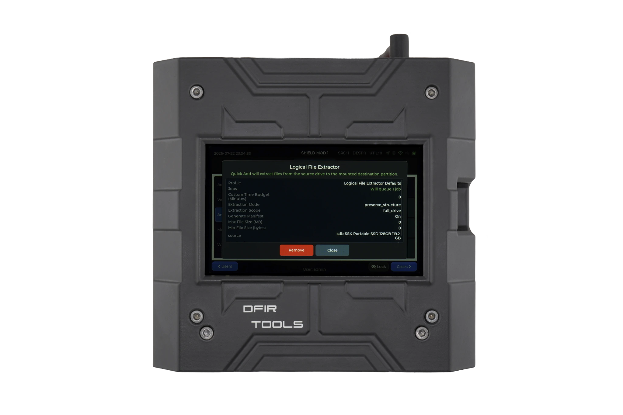 Remove Logical File Extractor from the queue shown on the Shield-399 unit